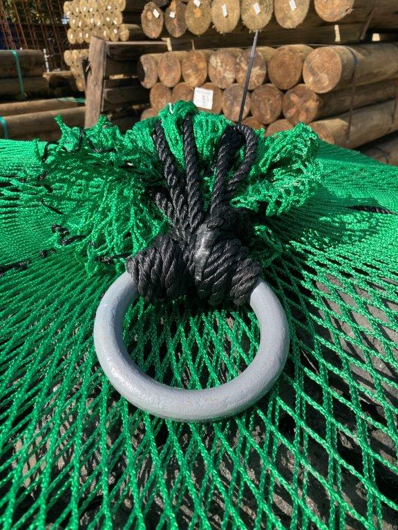 Polymer rope net gabion with lifting ring for safe lifting and connection