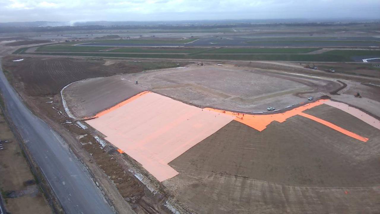 aerial view of hi-vis orange geotextile